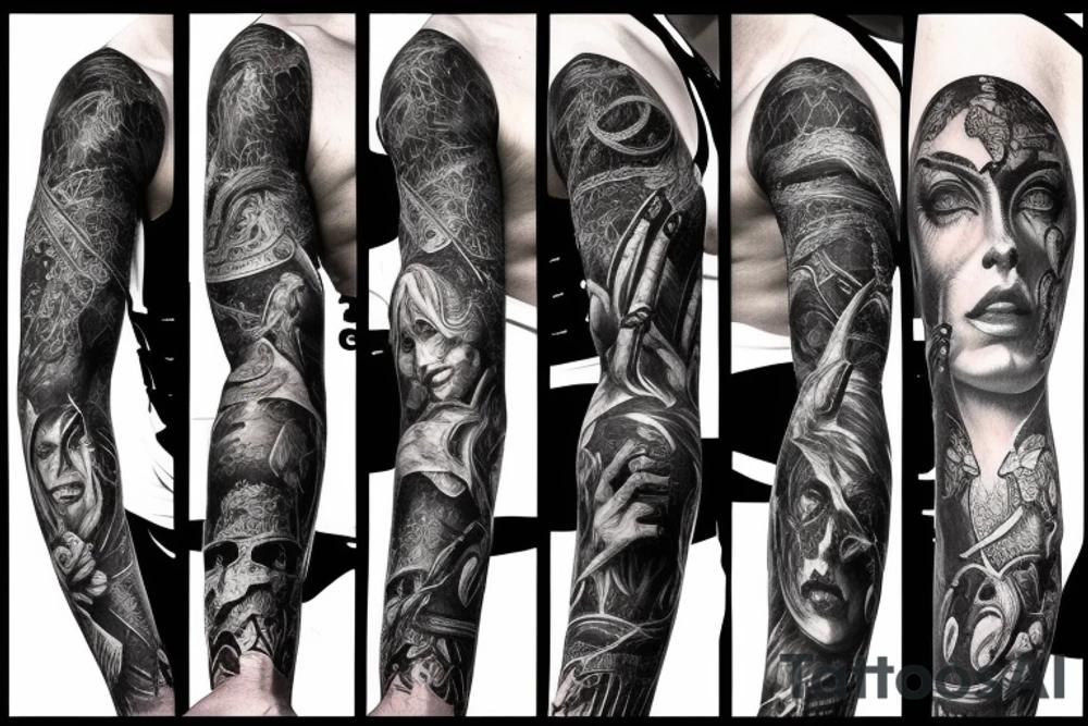 Show me a full arm sleeve tattoo for men that includes dark mythology creatures and symbolism tattoo idea