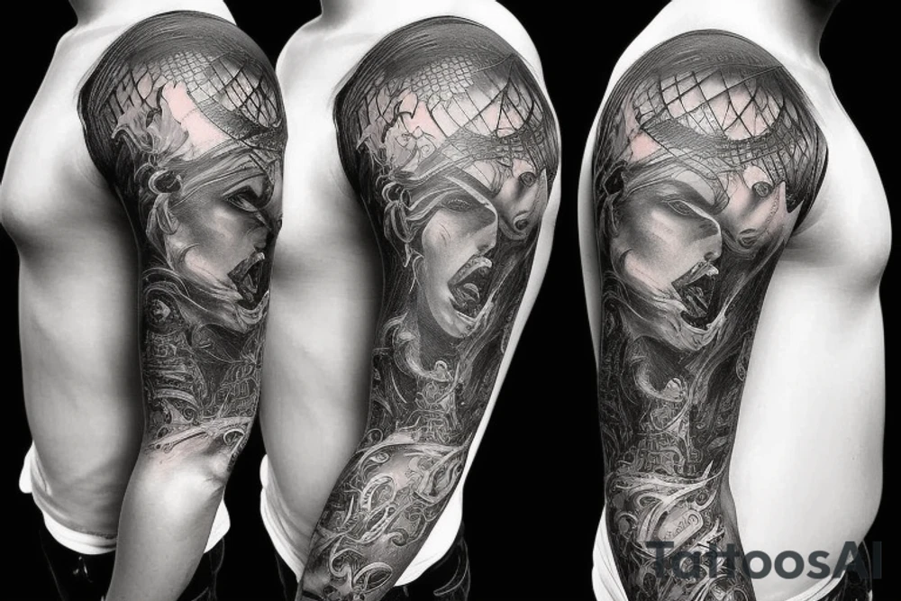 Show me a full arm sleeve tattoo for men that includes dark mythology creatures and symbolism tattoo idea