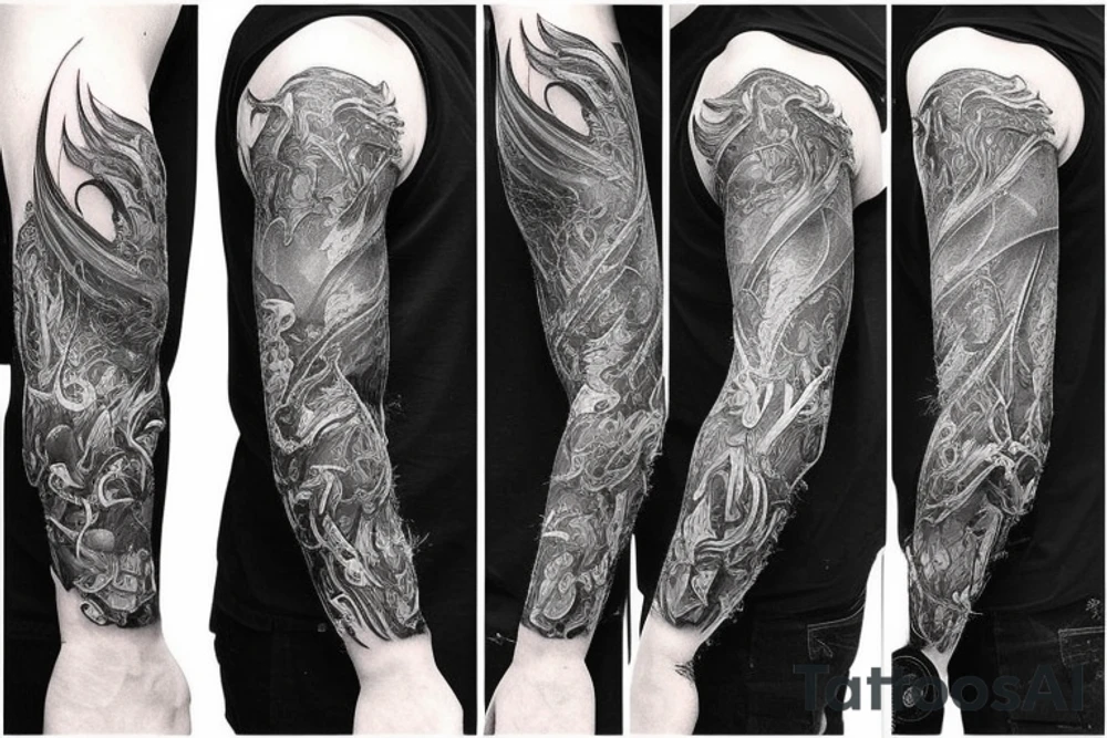 Show me a full arm sleeve tattoo for men that includes dark mythology creatures and symbolism tattoo idea
