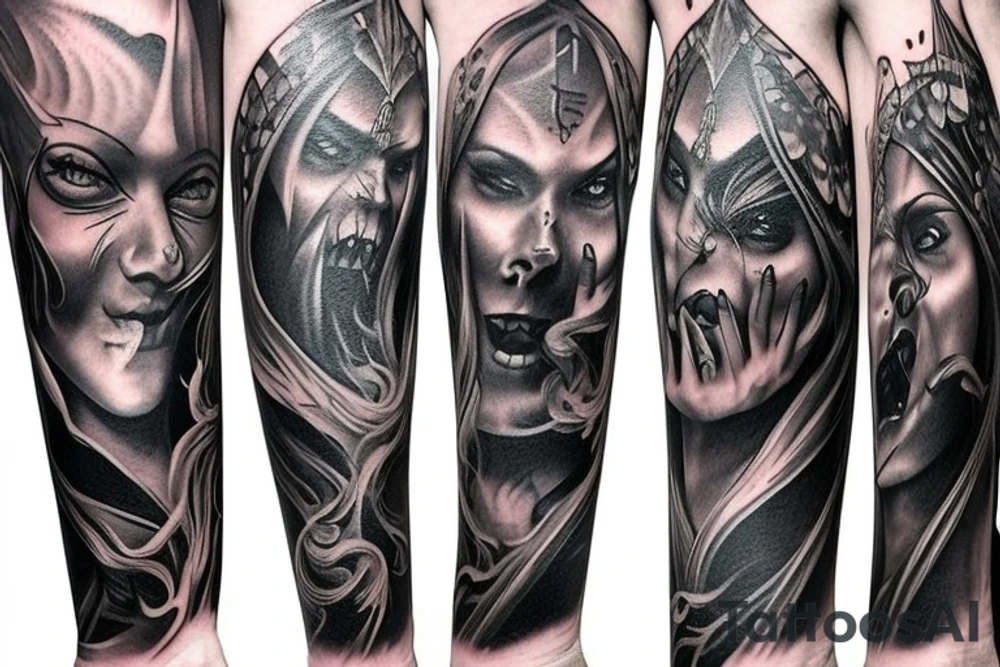 Show me a full arm sleeve tattoo for men that includes dark mythology creatures and symbolism tattoo idea
