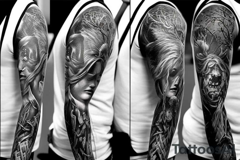 Show me a full arm sleeve tattoo for men that includes dark mythology creatures and symbolism tattoo idea