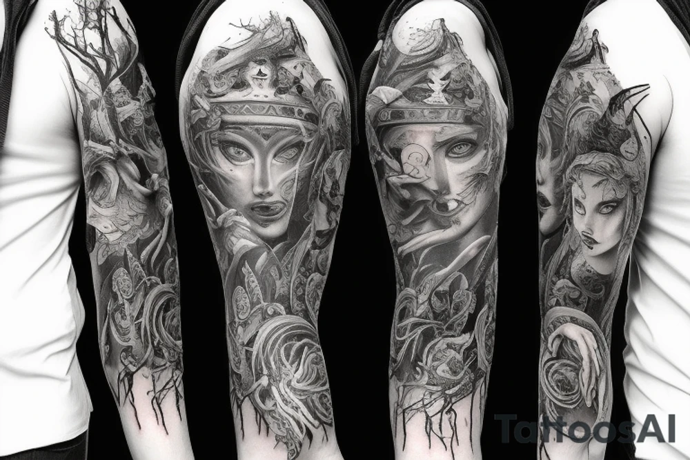 Show me a full arm sleeve tattoo for men that includes dark mythology creatures and symbolism tattoo idea