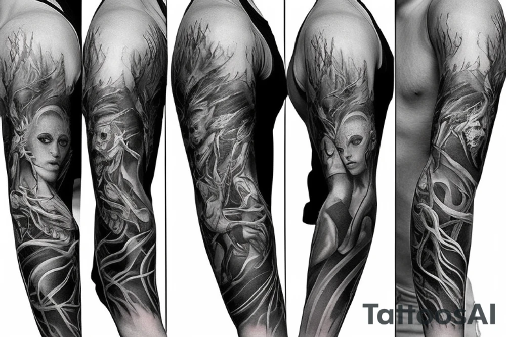 Show me a full arm sleeve tattoo for men that includes dark mythology creatures and symbolism tattoo idea