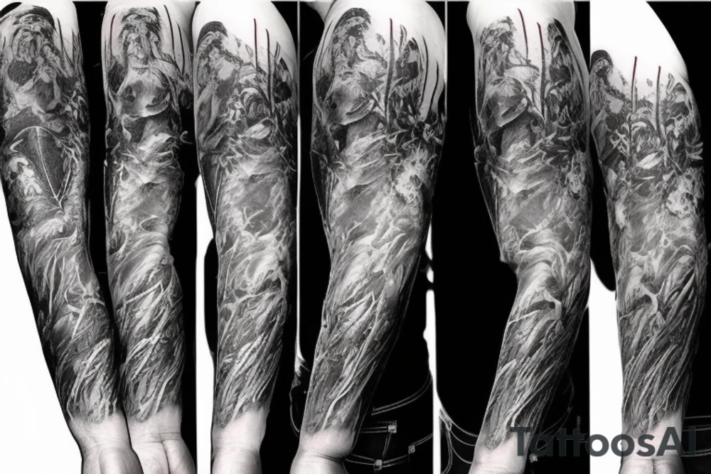 Show me a full arm sleeve tattoo for men that includes dark mythology creatures and symbolism tattoo idea
