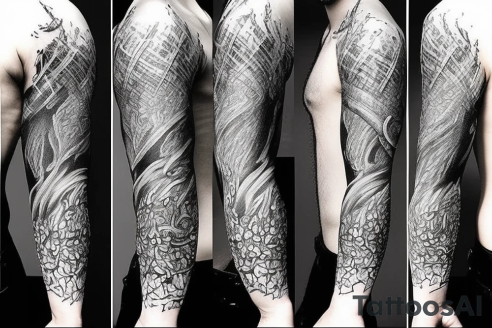 Show me a full arm sleeve tattoo for men that includes dark mythology creatures and symbolism tattoo idea