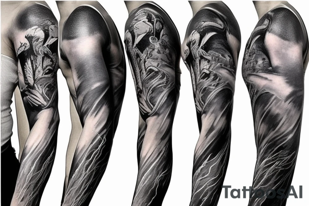 Show me a full arm sleeve tattoo for men that includes dark mythology creatures and symbolism tattoo idea