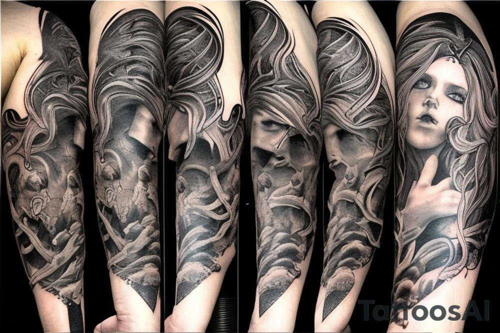 Show me a full arm sleeve tattoo for men that includes dark mythology creatures and symbolism tattoo idea