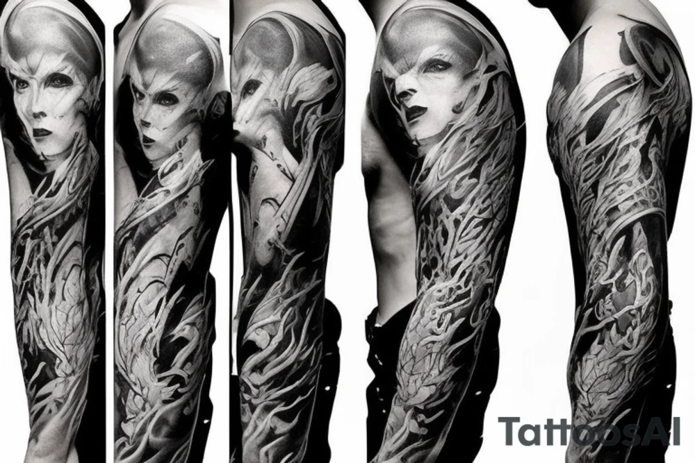 Show me a full arm sleeve tattoo for men that includes dark mythology creatures and symbolism tattoo idea