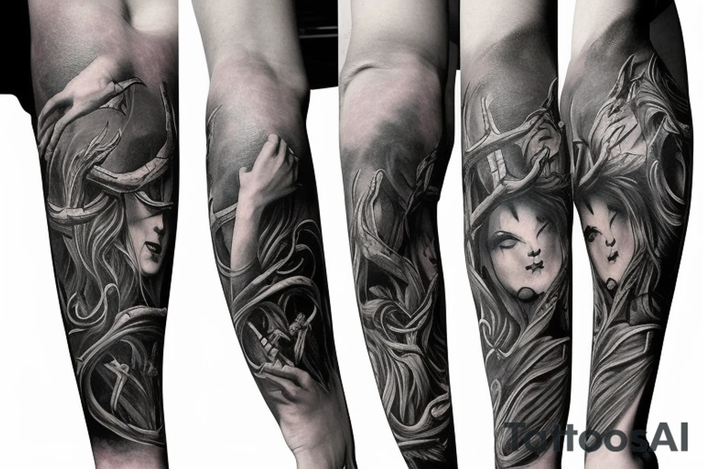 Show me a full arm sleeve tattoo for men that includes dark mythology creatures and symbolism tattoo idea