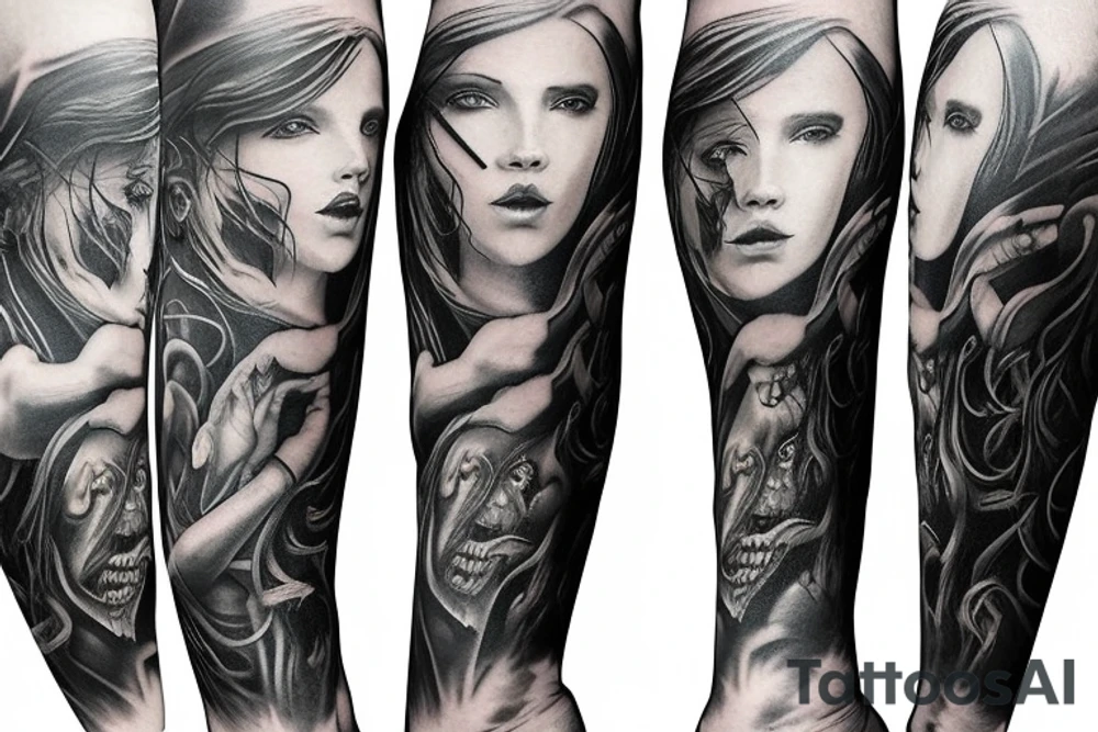 Show me a full arm sleeve tattoo for men that includes dark mythology creatures and symbolism tattoo idea