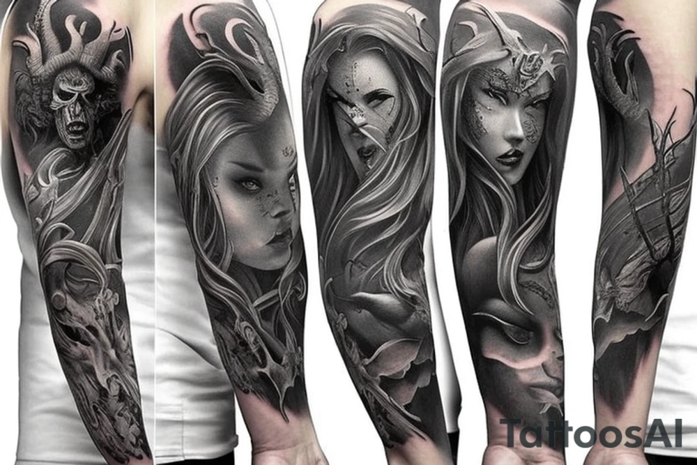 Show me a full arm sleeve tattoo for men that includes dark mythology creatures and symbolism tattoo idea