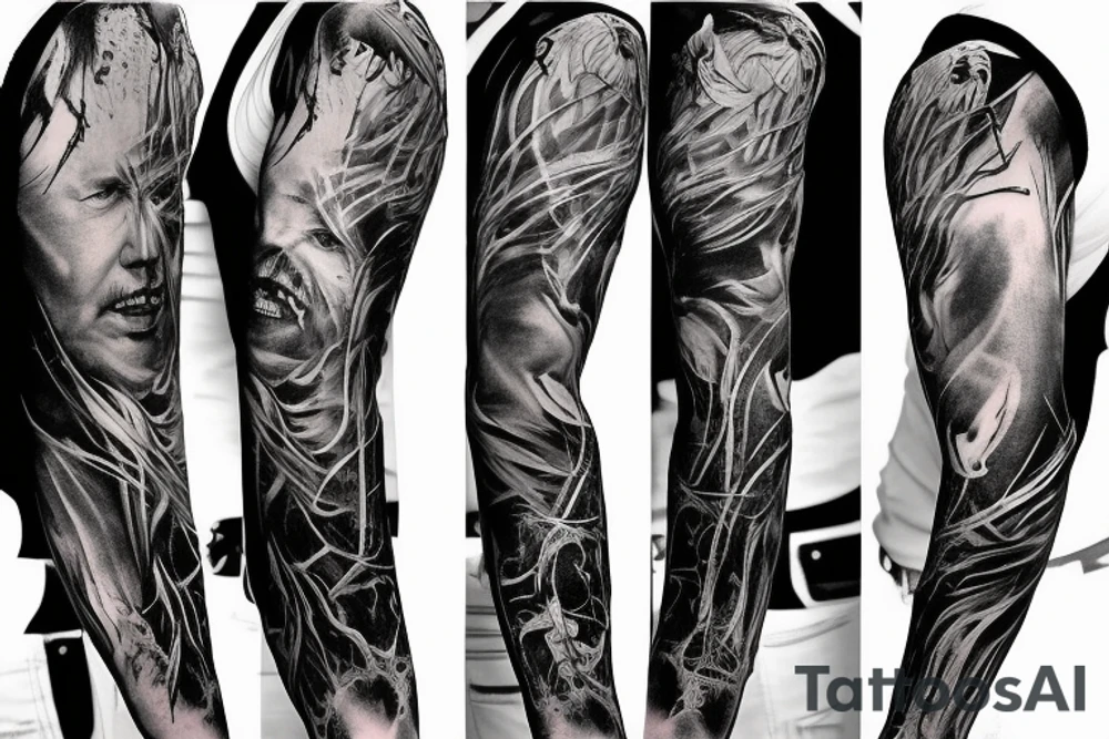 Show me a full arm sleeve tattoo for men that includes dark mythology creatures and symbolism tattoo idea