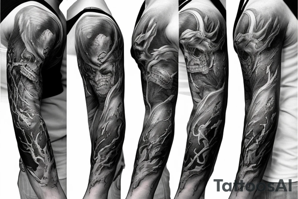 Show me a full arm sleeve tattoo for men that includes dark mythology creatures and symbolism tattoo idea