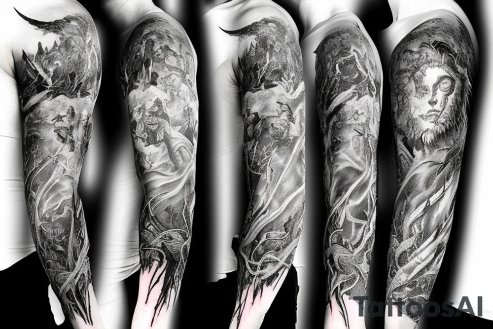 Show me a full arm sleeve tattoo for men that includes dark mythology creatures and symbolism tattoo idea