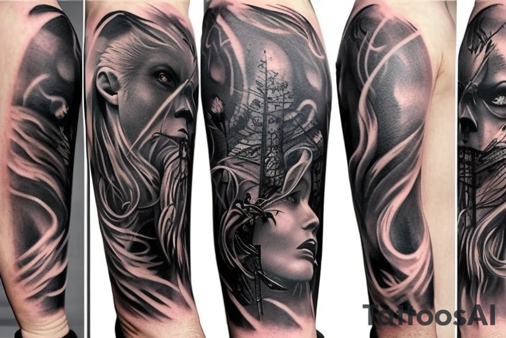 Show me a full arm sleeve tattoo for men that includes dark mythology creatures and symbolism tattoo idea