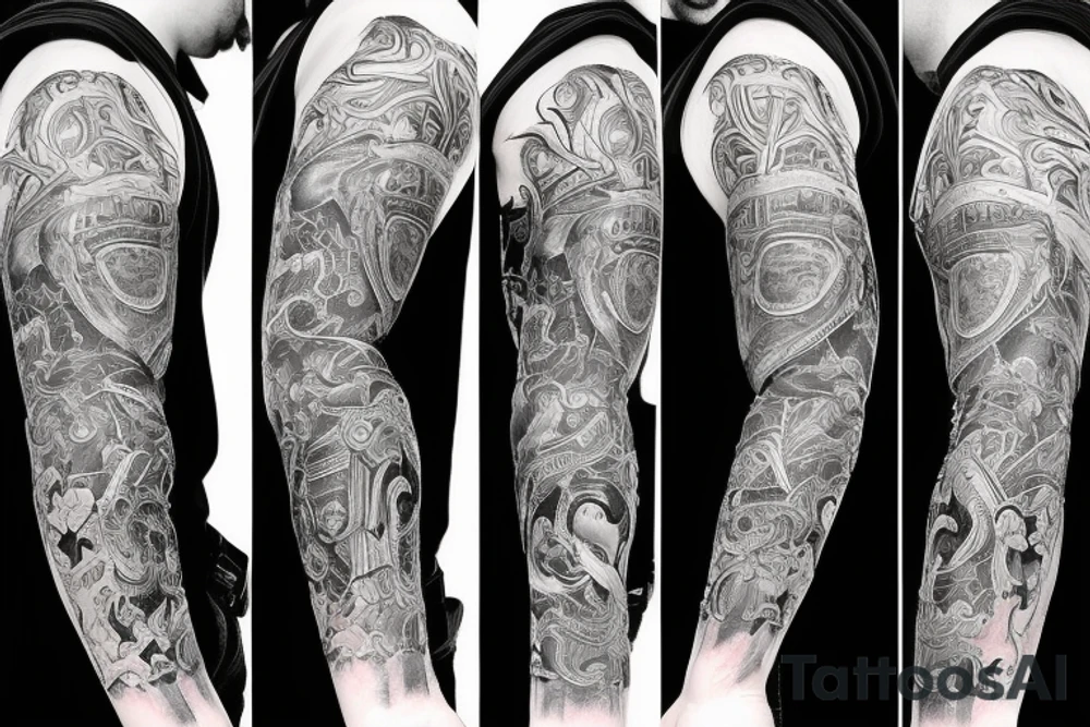 Show me a full arm sleeve tattoo for men that includes dark mythology creatures and symbolism tattoo idea