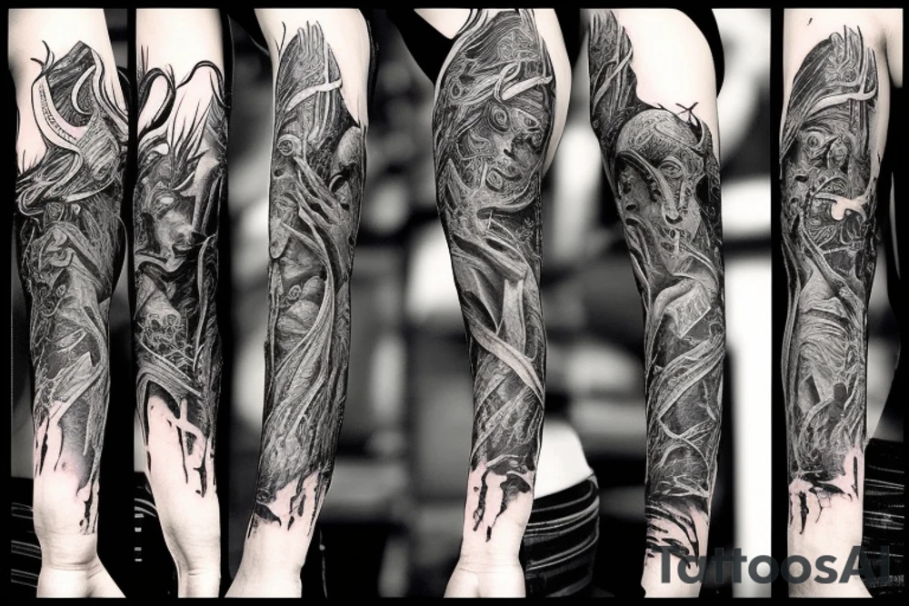 Show me a full arm sleeve tattoo for men that includes dark mythology creatures and symbolism tattoo idea