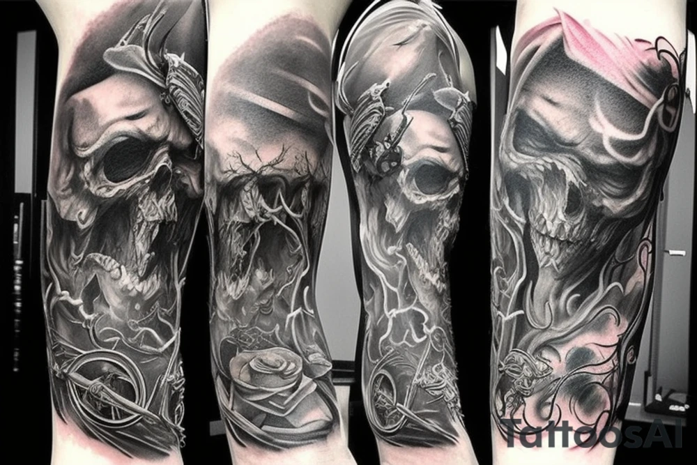 Show me a full arm sleeve tattoo for men that includes dark mythology creatures and symbolism tattoo idea