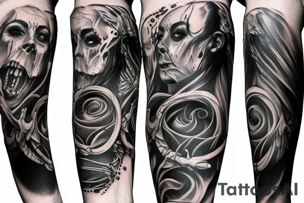 Show me a full arm sleeve tattoo for men that includes dark mythology creatures and symbolism tattoo idea
