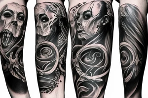 Show me a full arm sleeve tattoo for men that includes dark mythology creatures and symbolism tattoo idea