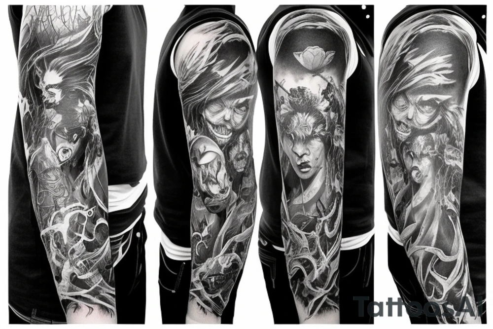 Show me a full arm sleeve tattoo for men that depicts the devil and darkness entering the underworld tattoo idea