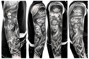 Show me a full arm sleeve tattoo for men that depicts the devil and darkness entering the underworld tattoo idea