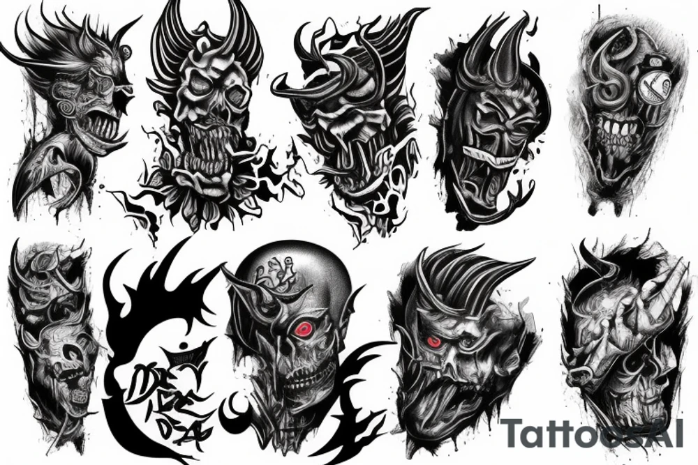 Show me a full arm sleeve tattoo for men that depicts the devil and darkness entering the underworld tattoo idea