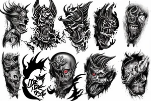 Show me a full arm sleeve tattoo for men that depicts the devil and darkness entering the underworld tattoo idea