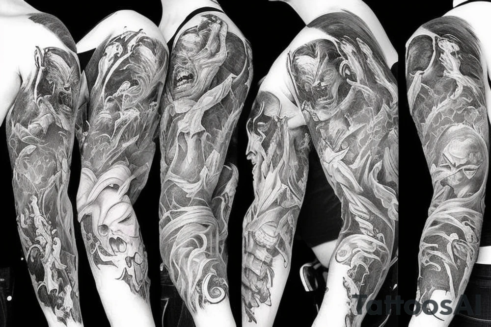 Show me a full arm sleeve tattoo for men that depicts the devil and darkness entering the underworld tattoo idea