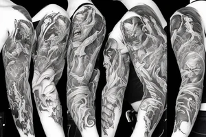 Show me a full arm sleeve tattoo for men that depicts the devil and darkness entering the underworld tattoo idea