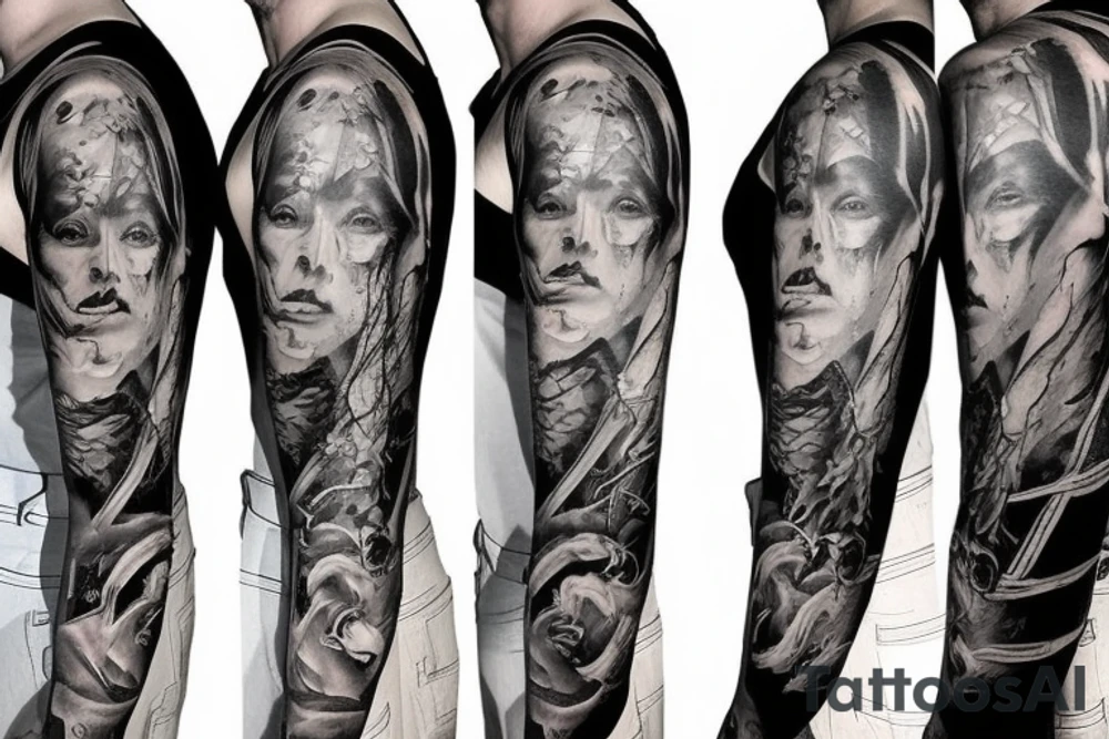 Show me a full arm sleeve tattoo for men that depicts the devil and darkness entering the underworld tattoo idea