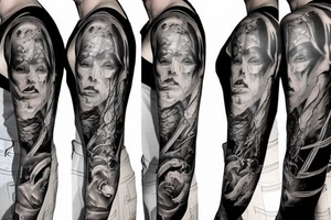 Show me a full arm sleeve tattoo for men that depicts the devil and darkness entering the underworld tattoo idea