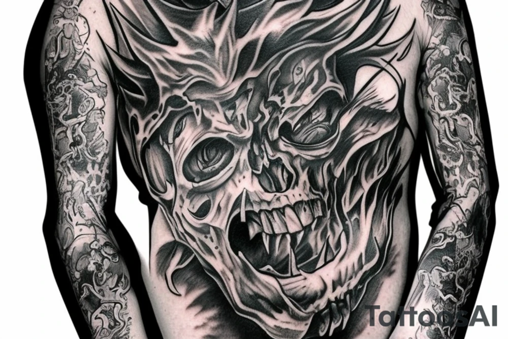 Show me a full arm sleeve tattoo for men that depicts the devil and darkness entering the underworld tattoo idea