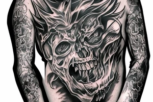 Show me a full arm sleeve tattoo for men that depicts the devil and darkness entering the underworld tattoo idea