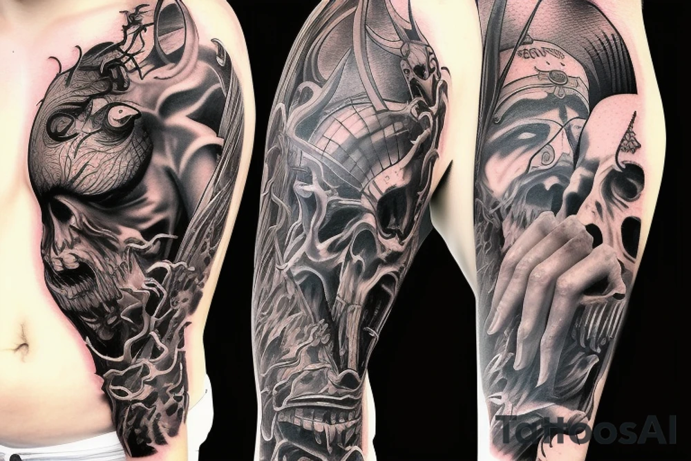 Show me a full arm sleeve tattoo for men that depicts the devil and darkness entering the underworld tattoo idea