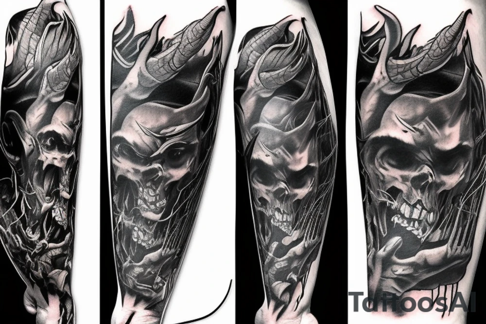 Show me a full arm sleeve tattoo for men that depicts the devil and darkness entering the underworld tattoo idea