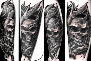 Show me a full arm sleeve tattoo for men that depicts the devil and darkness entering the underworld tattoo idea