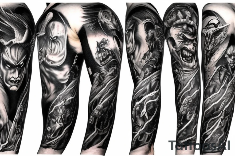 Show me a full arm sleeve tattoo for men that depicts the devil and darkness entering the underworld tattoo idea