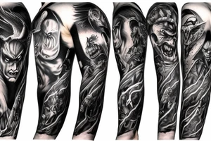 Show me a full arm sleeve tattoo for men that depicts the devil and darkness entering the underworld tattoo idea