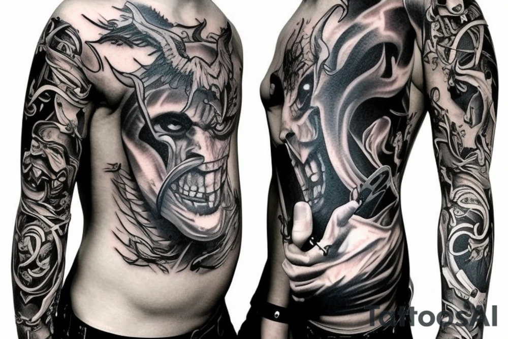 Show me a full arm sleeve tattoo for men that depicts the devil and darkness entering the underworld tattoo idea