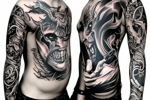 Show me a full arm sleeve tattoo for men that depicts the devil and darkness entering the underworld tattoo idea