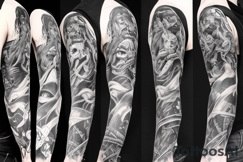 Show me a full arm sleeve tattoo for men that depicts the devil and darkness entering the underworld tattoo idea