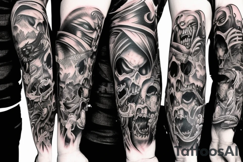 Show me a full arm sleeve tattoo for men that depicts the devil and darkness entering the underworld tattoo idea