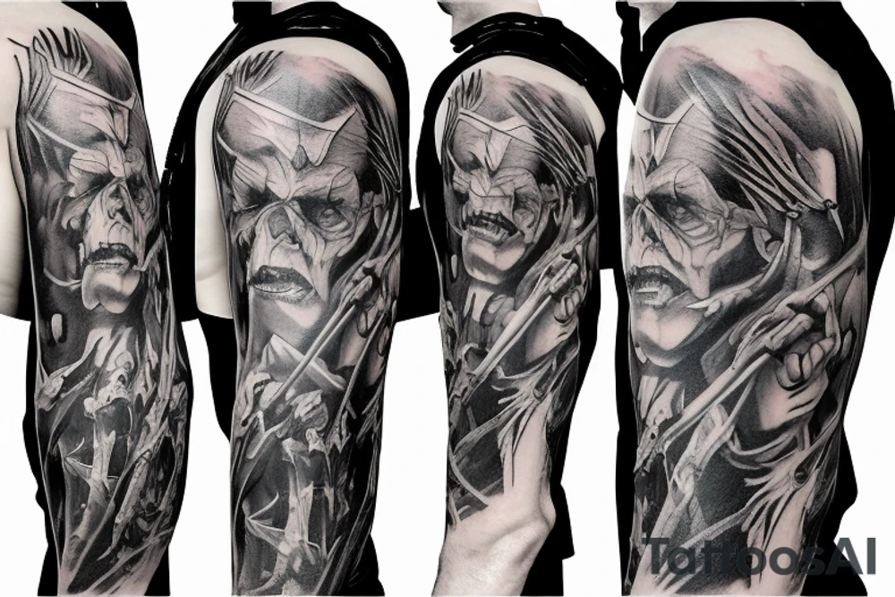 Show me a full arm sleeve tattoo for men that depicts the devil and darkness entering the underworld tattoo idea