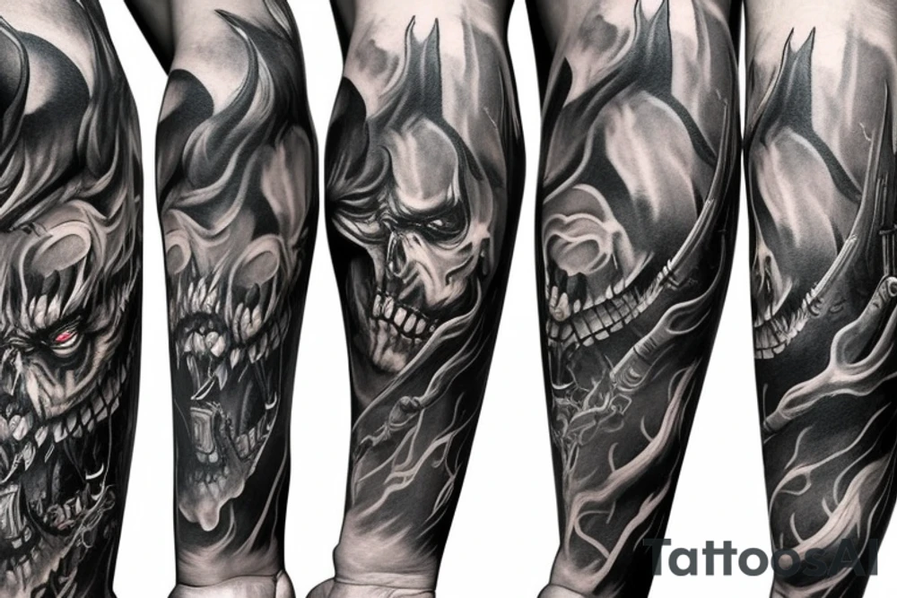 Show me a full arm sleeve tattoo for men that depicts the devil and darkness entering the underworld tattoo idea