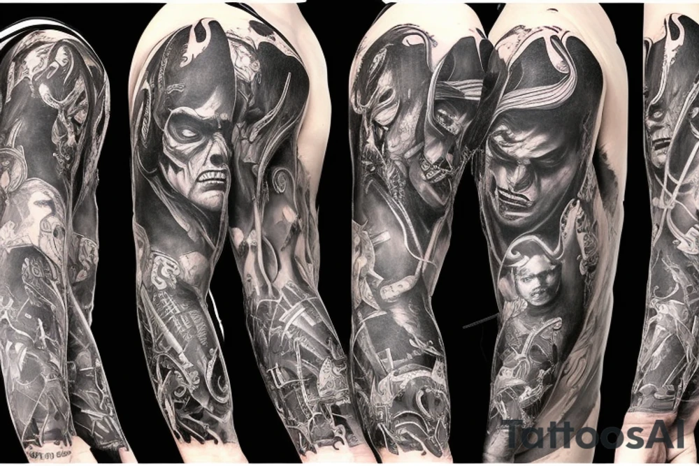 Show me a full arm sleeve tattoo for men that depicts the devil and darkness entering the underworld tattoo idea