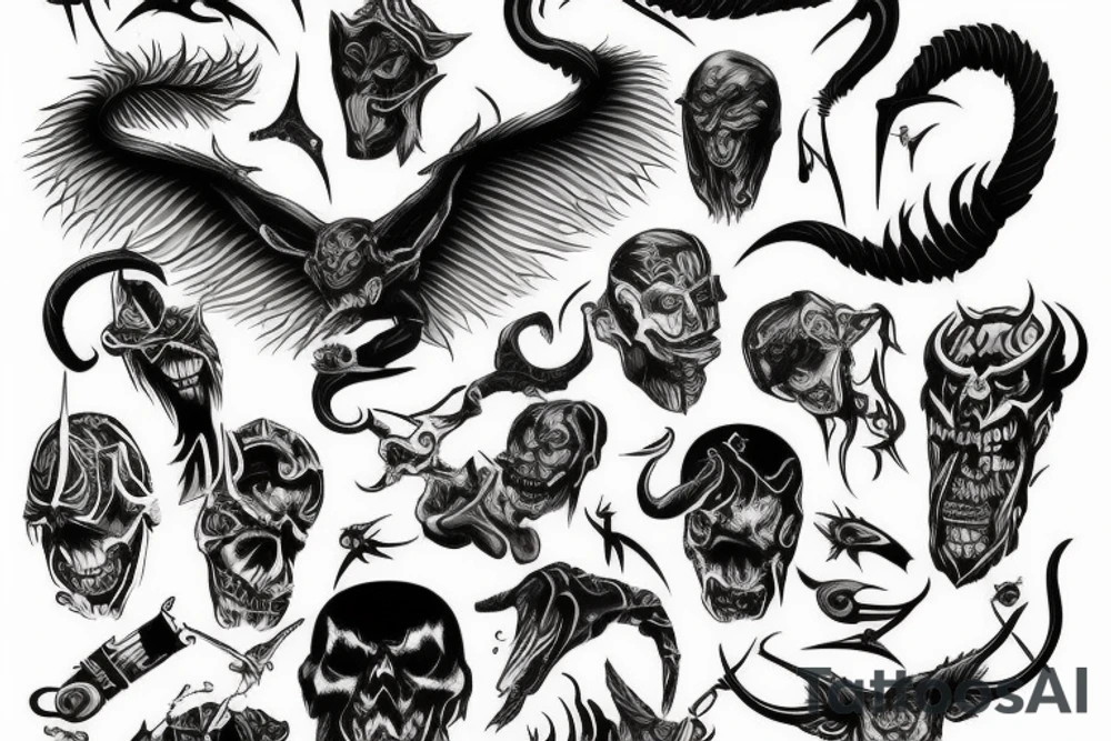 Show me a full arm sleeve tattoo for men that depicts the devil and darkness entering the underworld tattoo idea