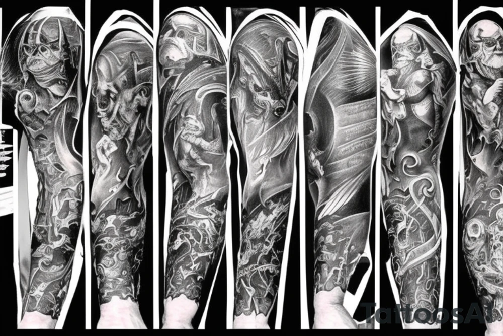 Show me a full arm sleeve tattoo for men that depicts the devil and darkness entering the underworld tattoo idea