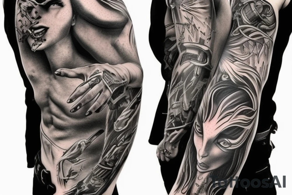 Show me a full arm sleeve tattoo for men that depicts the devil and darkness entering the underworld tattoo idea