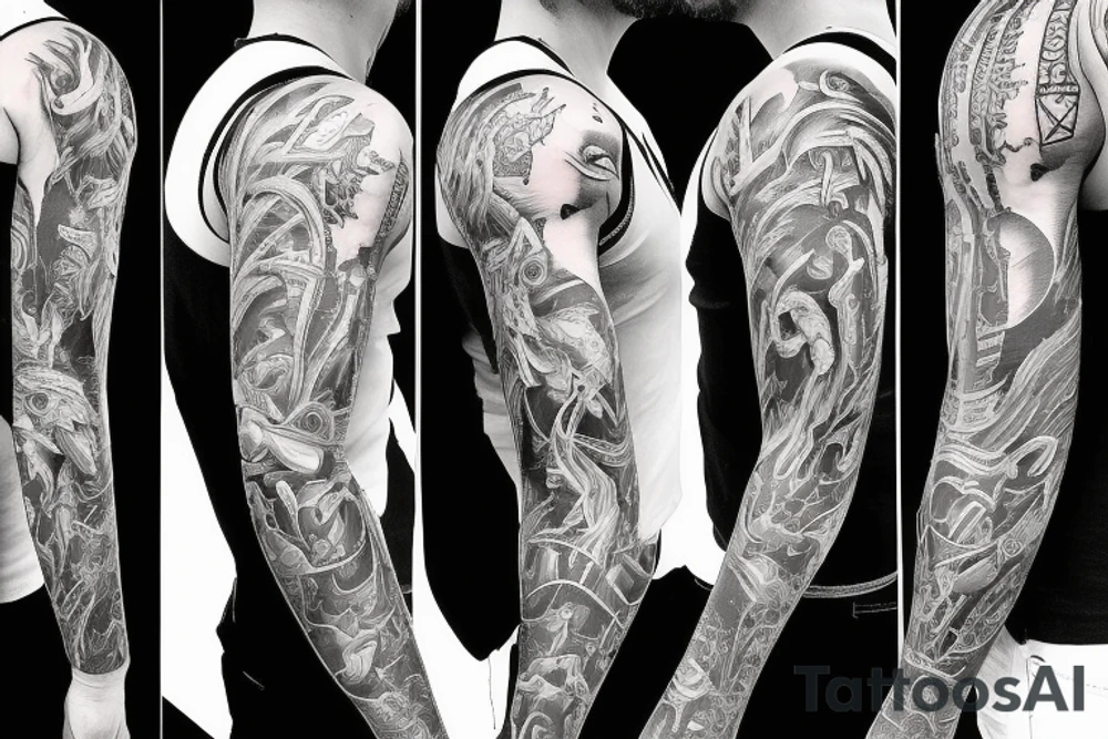 Show me a full arm sleeve tattoo for men that depicts the devil and darkness entering the underworld tattoo idea